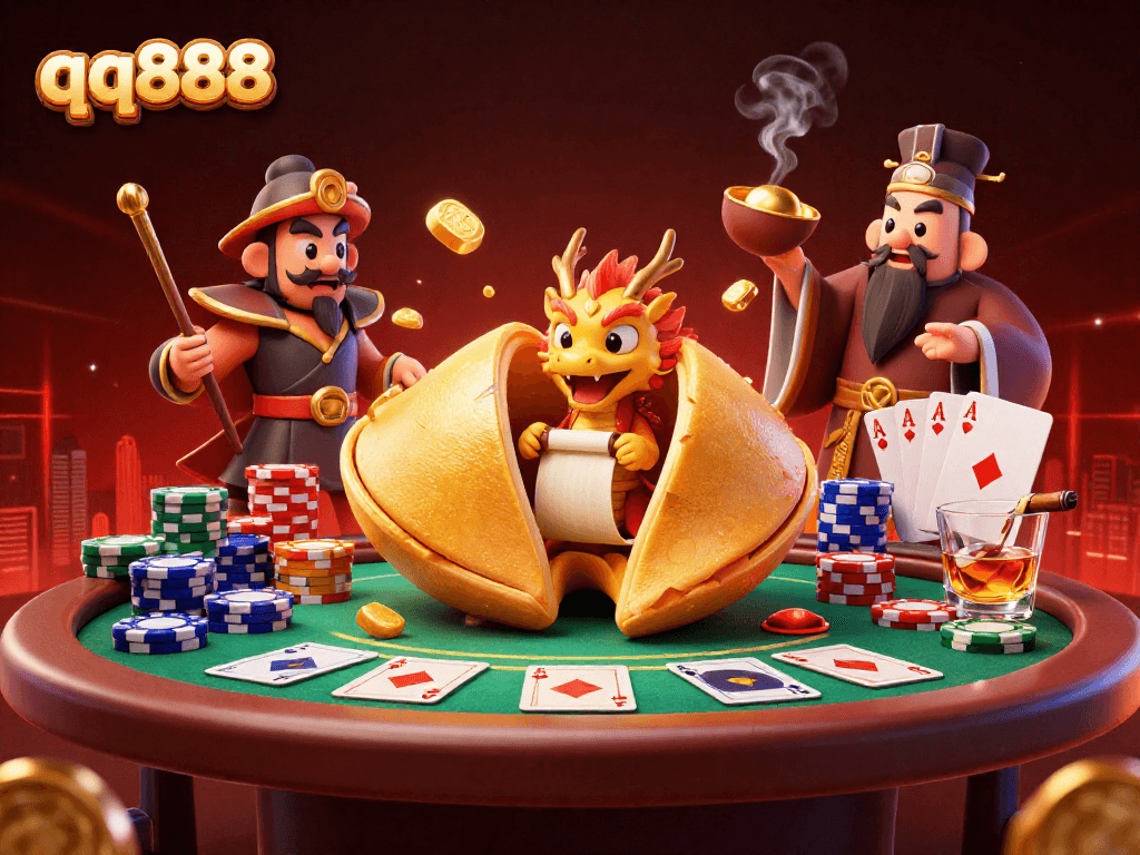 Engage with exciting gambling adventures in this enchanting qq888 illustration featuring a golden fortune cookie and poker elements.