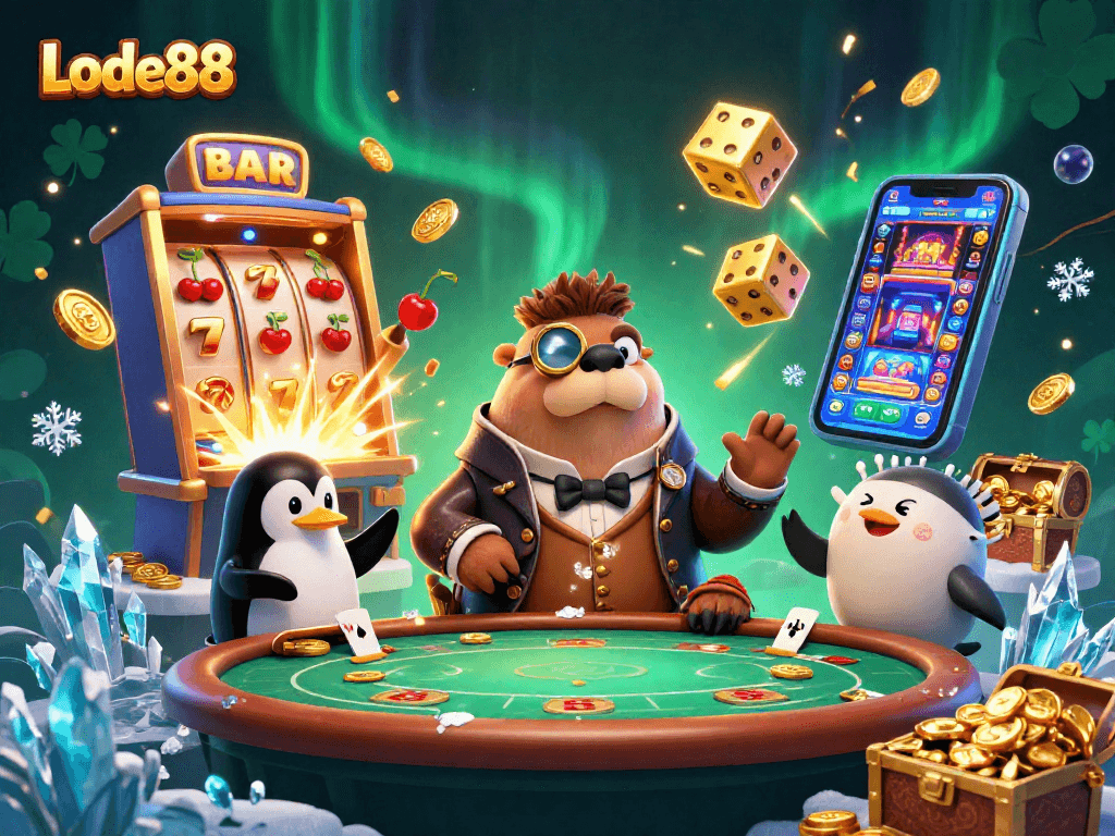 Lode88's celebration of casino excitement with whimsical characters engaging at a lively poker table.