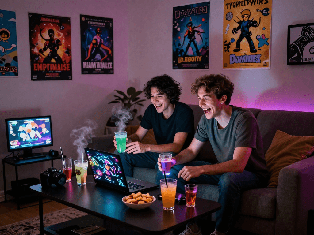 Engaging scene of friends playing game porn together in a cozy, illuminated room.