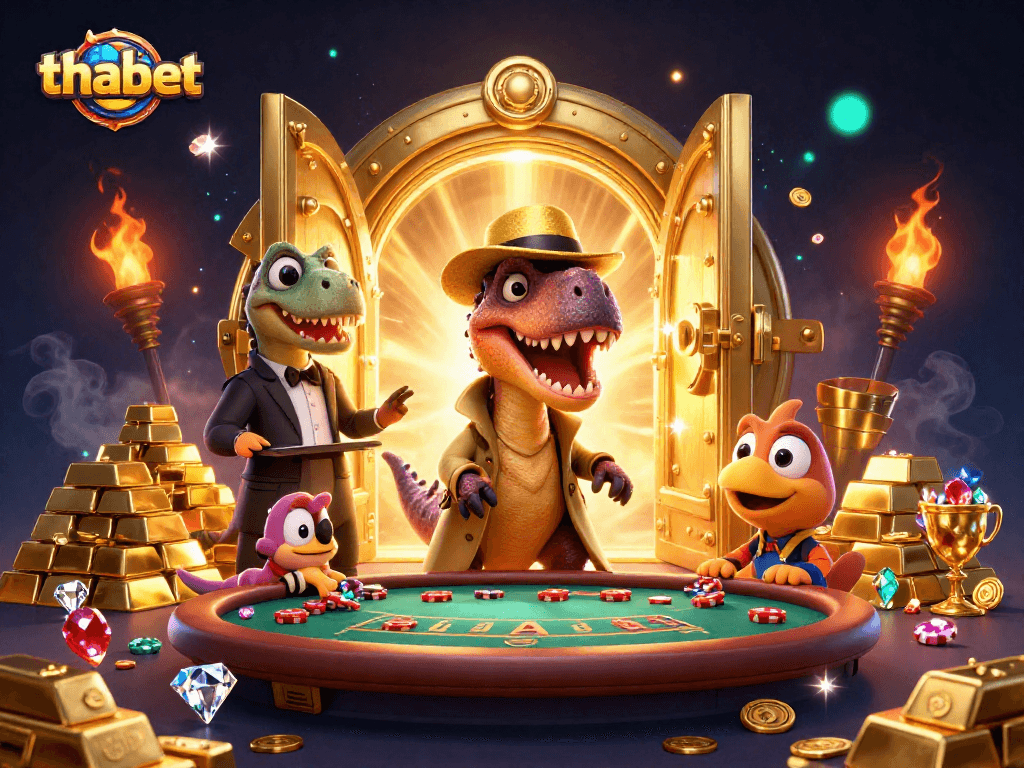 Win big at thabet casino with exciting games featuring animated dinosaurs and lavish decorations.