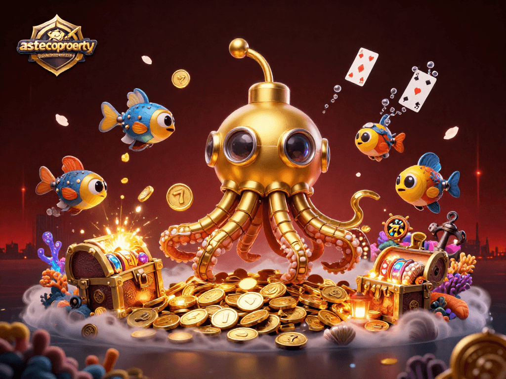 Experience astecoproperty's golden slot adventure with the kraken submarine and mechanical fish.
