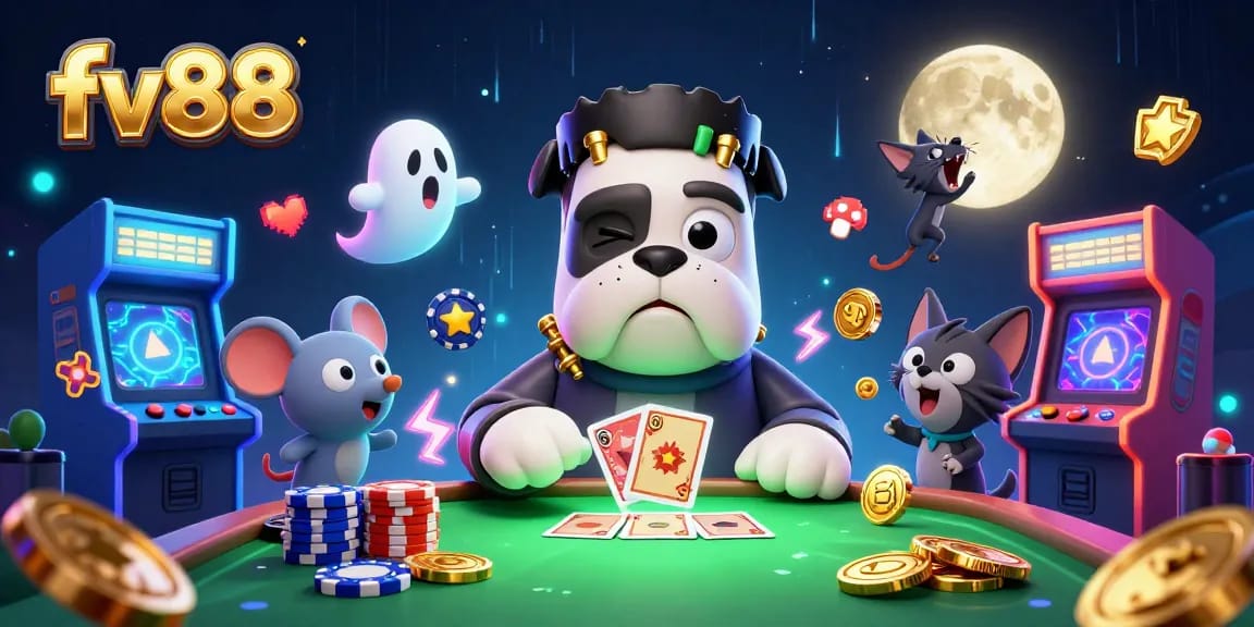 Engage with fv88's thrilling casino adventure featuring a playful bulldog dealer and spooky elements.