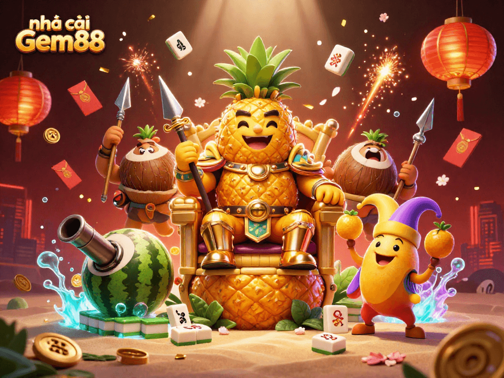 Bet on creativity at nhà cái Gem88 with a vibrant 3D casino scene featuring a pineapple king, bodyguards, and dynamic elements.