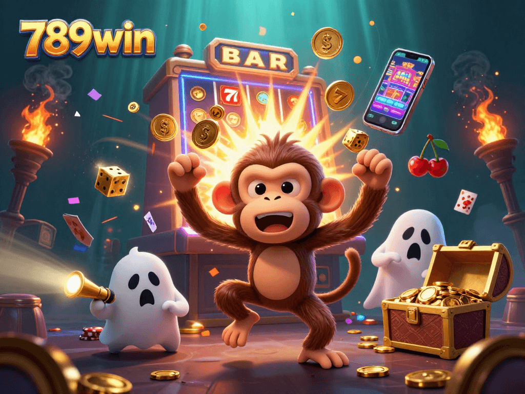 Immerse in the vibrant 789win gaming world featuring a playful poltergeist monkey and ghost-hunter puppy.