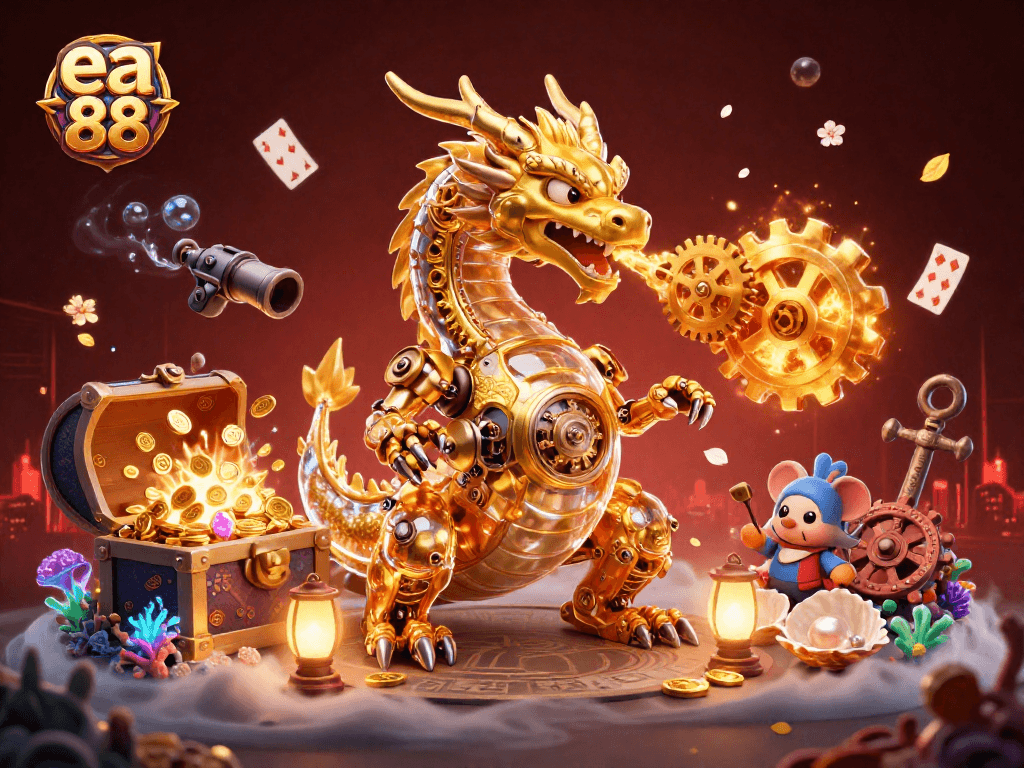 Experience thrilling adventures at ea 88 with a vibrant illustration featuring a golden dragon amidst treasures and playing cards.