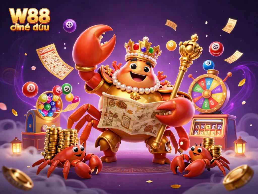 Experience the thrill of W88 chính thức with vibrant lottery and casino elements in a dynamic, rich 3D scene.