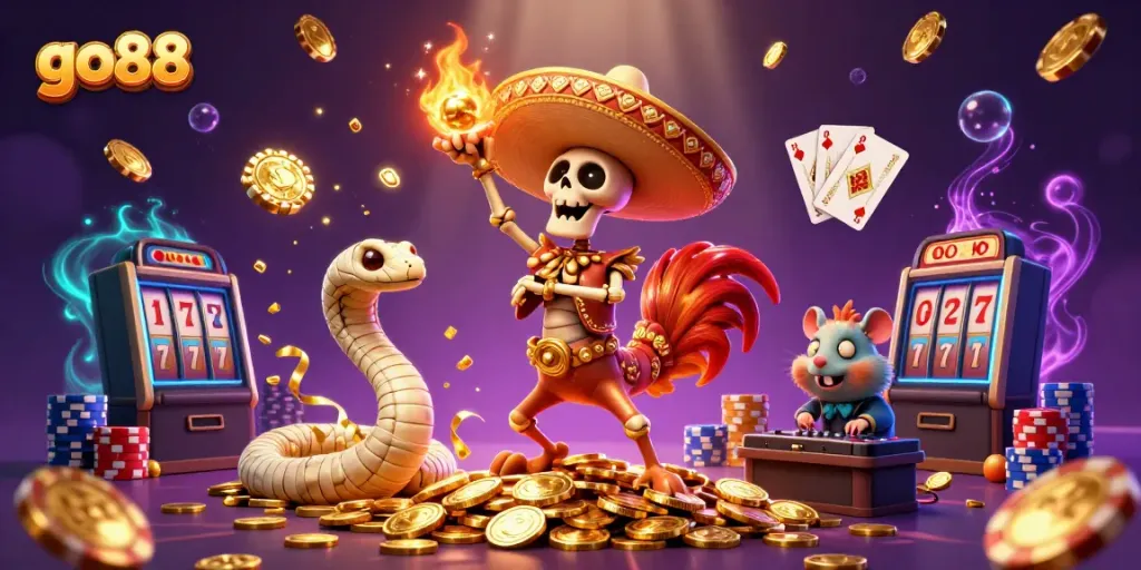 Experience go88's vibrant casino action with a dancing skeleton rooster and golden treasures.