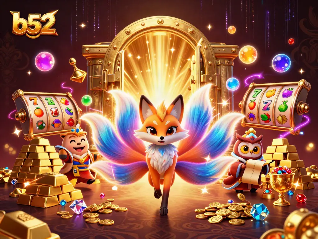 b52 plays big with vibrant slot reels and a glowing nine-tailed fox in a dynamic casino scene.