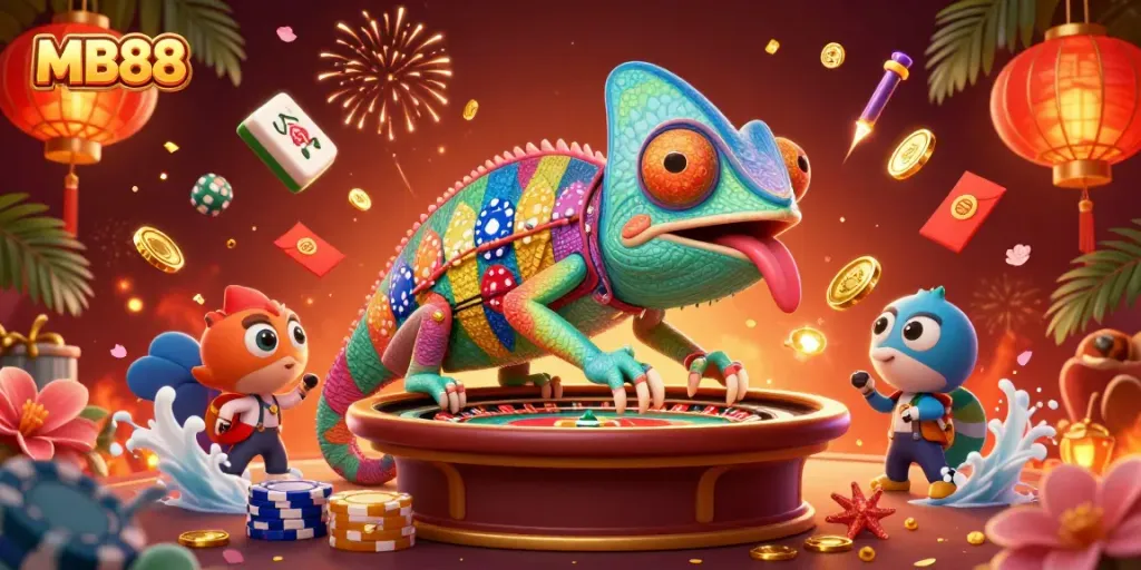 Engage in thrilling games at MB88, where a chameleon casino owner watches over vibrant gambling activities.