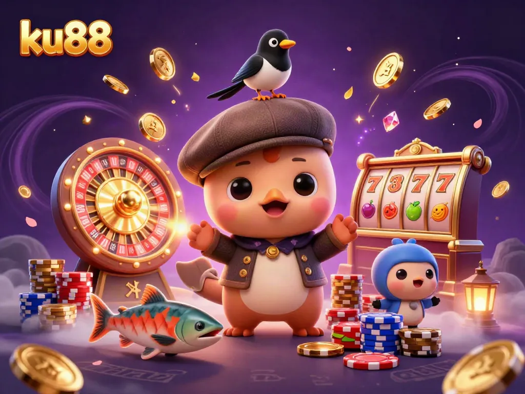 Experience excitement with ku88 as cute baby Nessie plays in a casino environment filled with gold and gems.