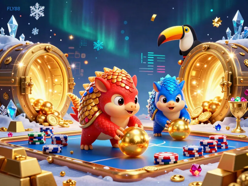 Experience FLY88's exciting casino adventure with energetic pangolins rolling into golden rewards through vibrant poker chips.