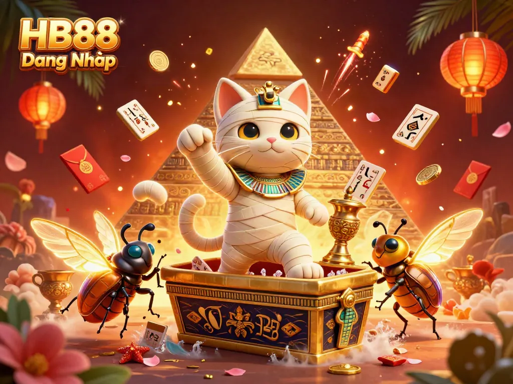 Engage with HB88 Đăng Nhập's thrilling casino scene featuring a mummy cat and scarab beetle.