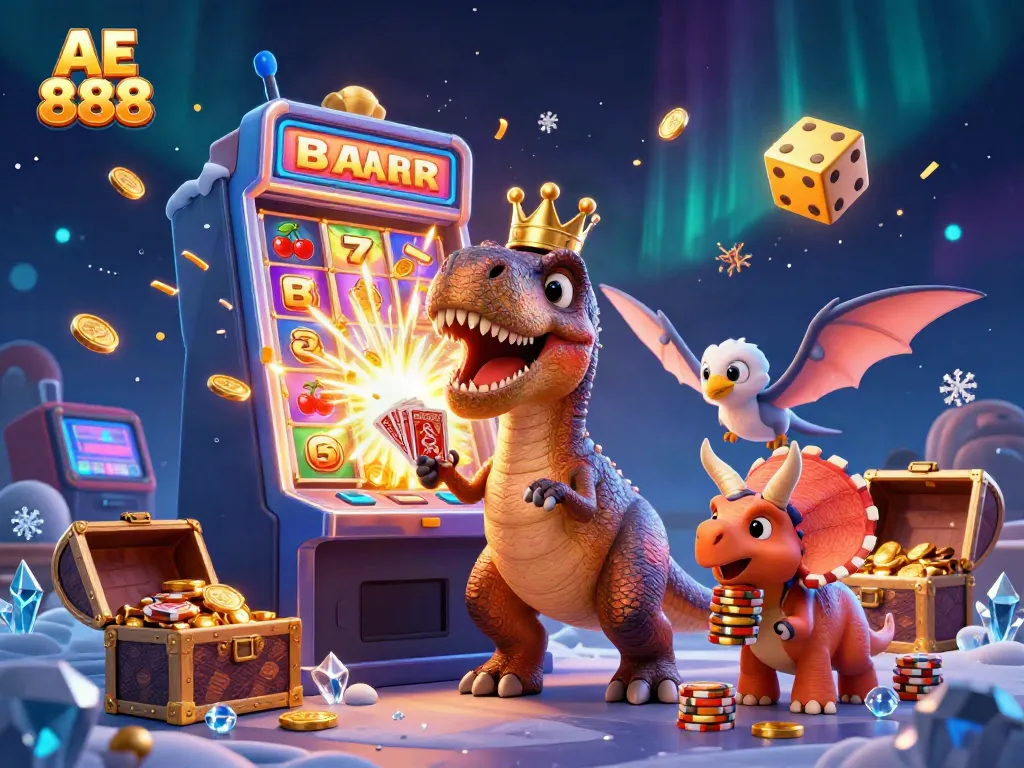 Experience the excitement of AE 888 with a playful dinosaur and friends at a lively casino scene.