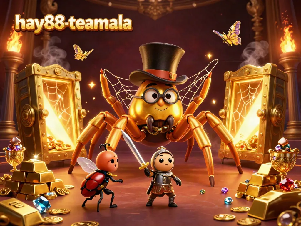 Immerse in the excitement of hay88-teamala as a golden tarantula weaves golden threads in a captivating casino scene.
