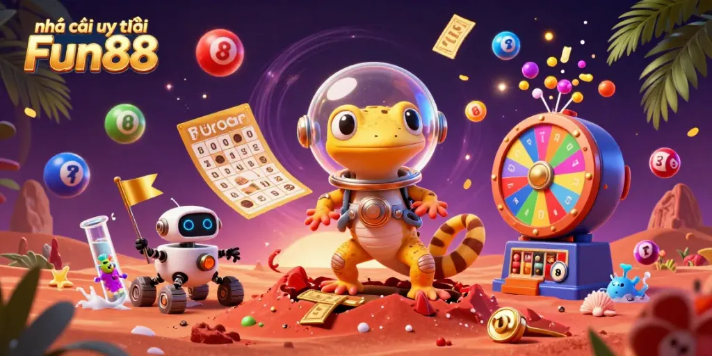 Experience excitement with Nhà cái uy tín Fun88 as a cartoon Martian gecko uncovers a magical casino scene.