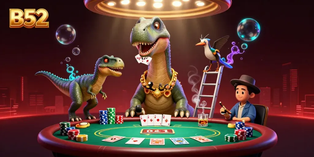 B52-themed casino illustration featuring a brontosaurus and dealing raptor amidst poker elements.