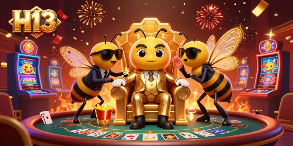 Experience H13 with a vibrant casino scene featuring a cartoon bumblebee mob boss and a butterfly informant amidst celebration.