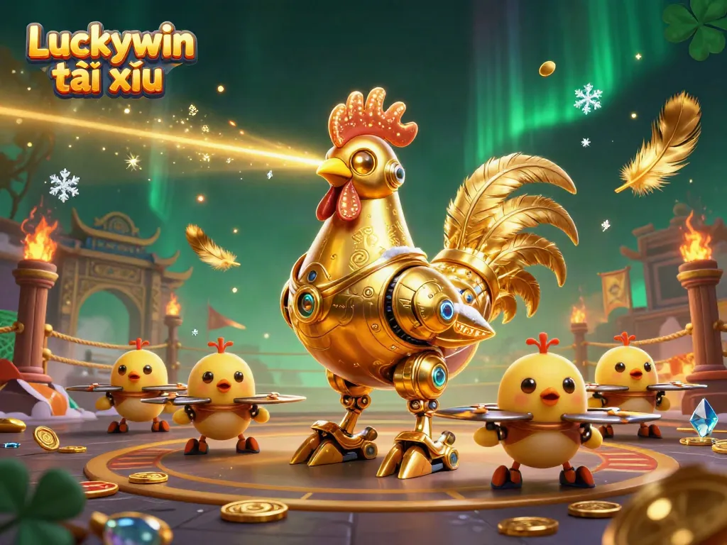 Experience intense action in Luckywin tài xỉu, highlighted by a golden rooster robot and vibrant betting tokens.