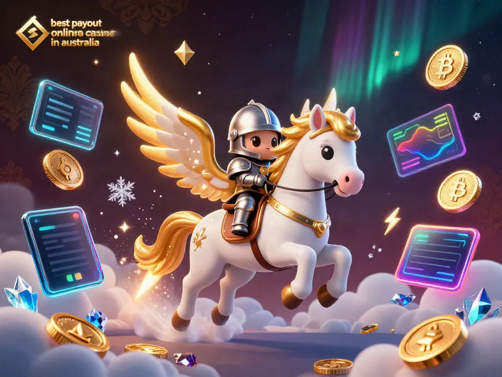 Experience the best payout online casinos in Australia with a lively, colorful 3D illustration of a knight on a celestial horse amidst crypto and gaming elements.