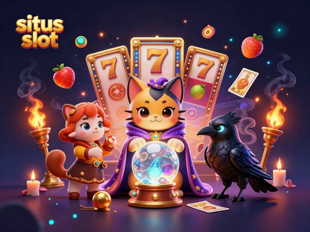 Experience thrilling situs slot action with a mystical cat and raven among dynamic slot game elements.