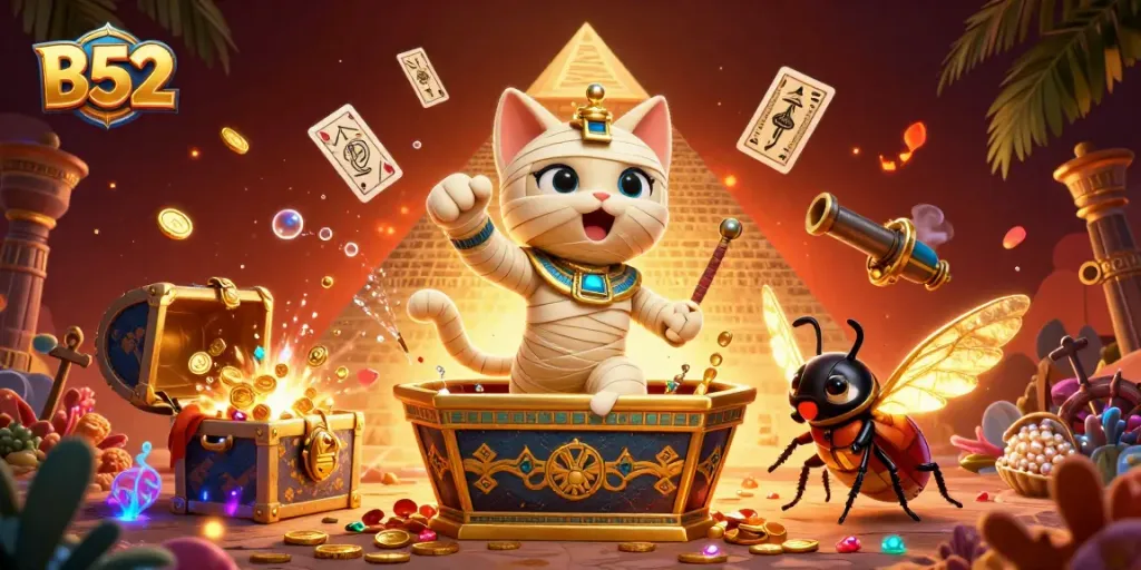 Experience the excitement of B52's dynamic casino scene with a cartoon Egyptian mummy cat and golden treasures.