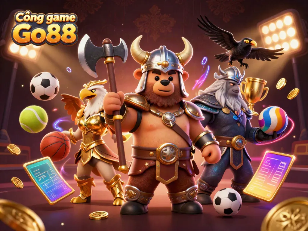 Engage with Cổng game Go88 by exploring an action-packed scene featuring a Viking bear and Valkyrie eagle in an exhilarating casino atmosphere.
