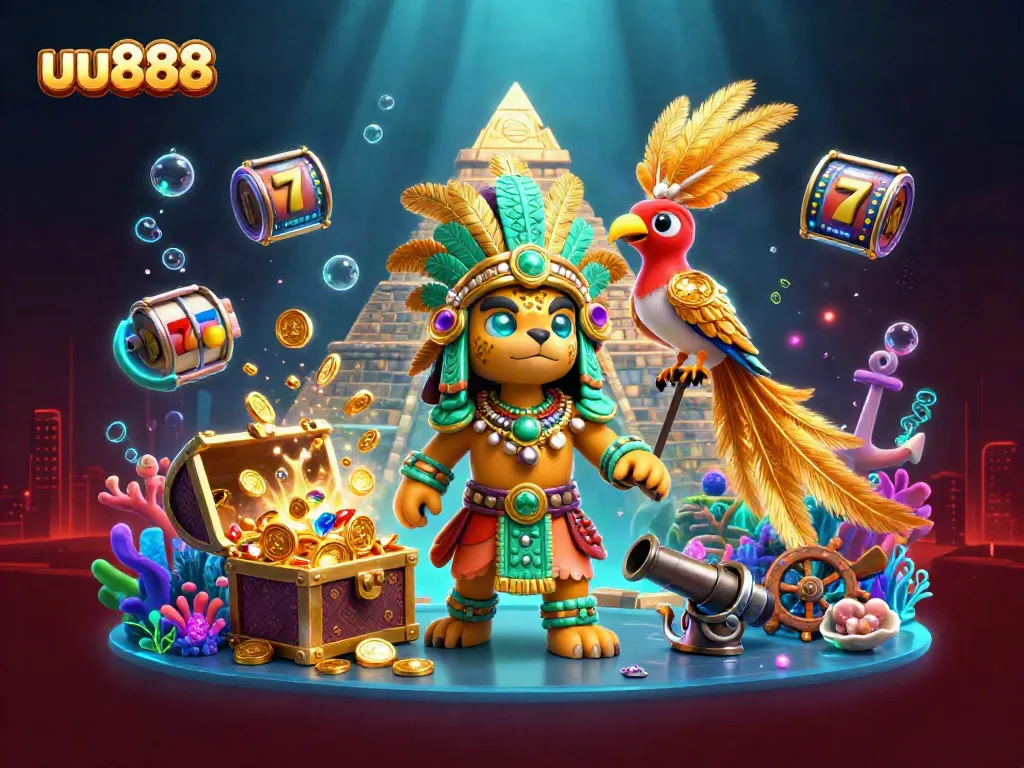 uu888 game scene featuring Mayan priest and quetzal bird amidst treasure and slot reels
