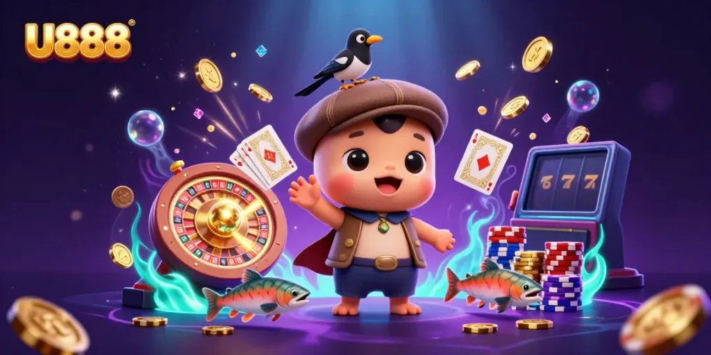 Experience the lively U888 gaming world with playful characters and dynamic casino elements.