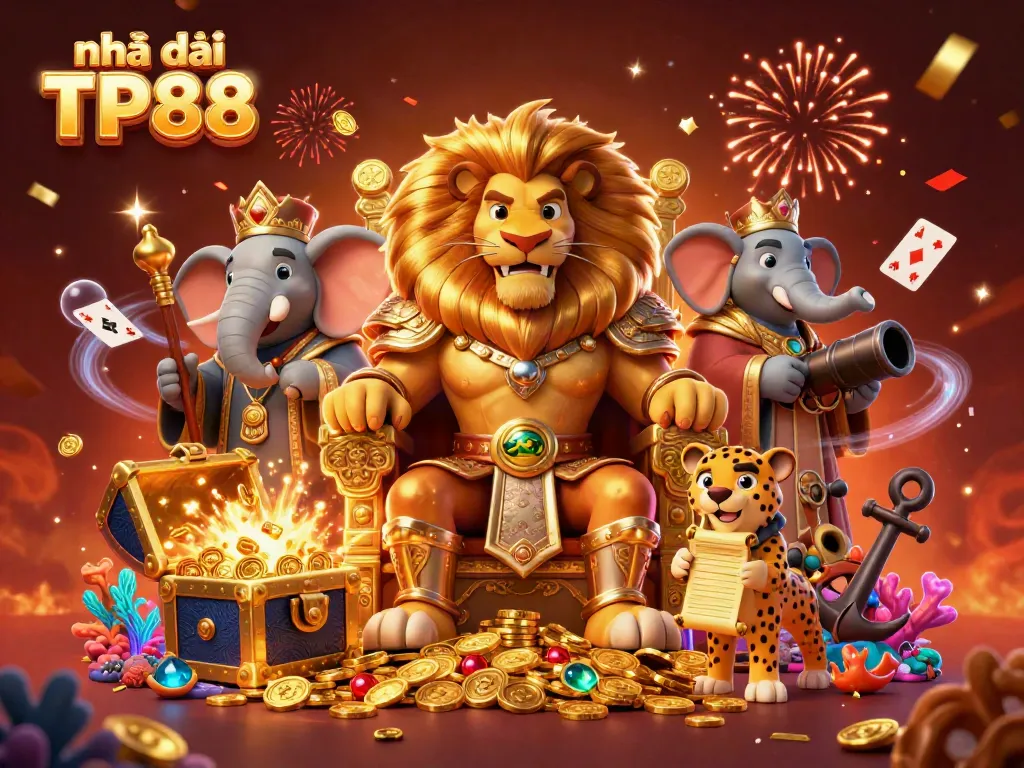 Experience the exciting world of Nhà cái TP88 with a 3D lion king on a golden throne amidst a treasure explosion, engaging players.