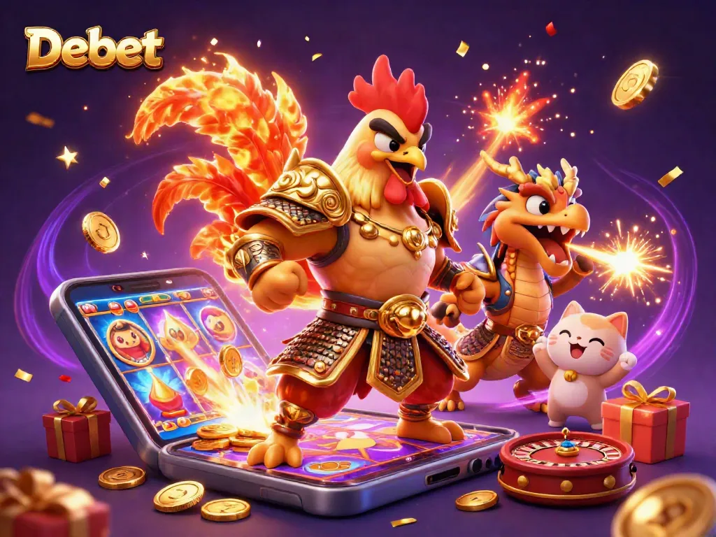 Engage with Debet’s thrilling slots as a samurai rooster and dragon unite in a vibrant casino scene.