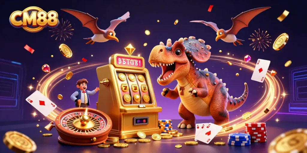 CM88 celebrates a jackpot win as a cartoon dinosaur interacts with a slot machine, amidst flying coins and casino elements.