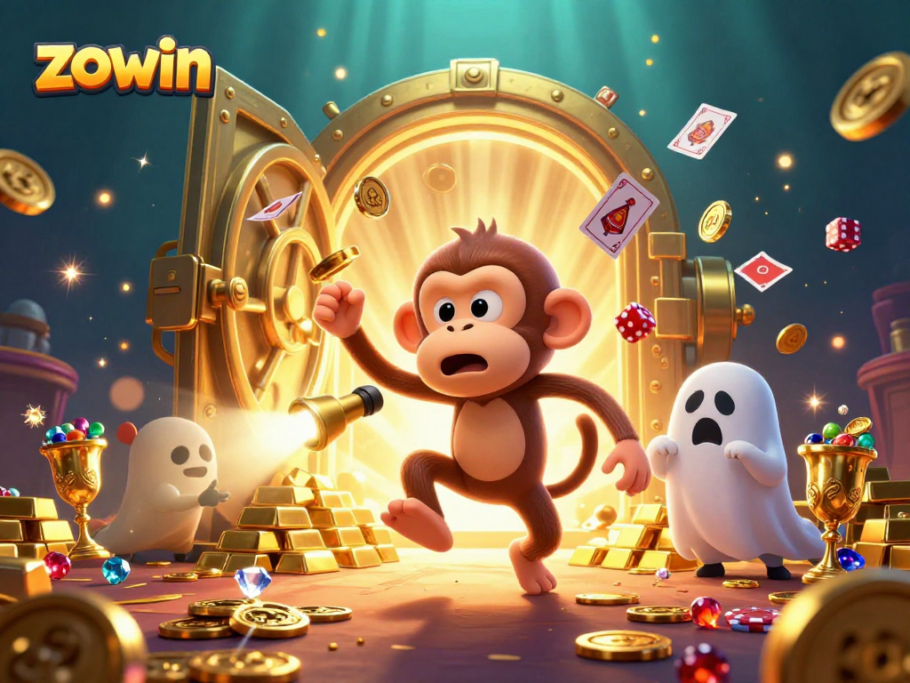 Engage with zo win: A playful ghost-hunter puppy tracks an elusive poltergeist monkey in a haunted casino.