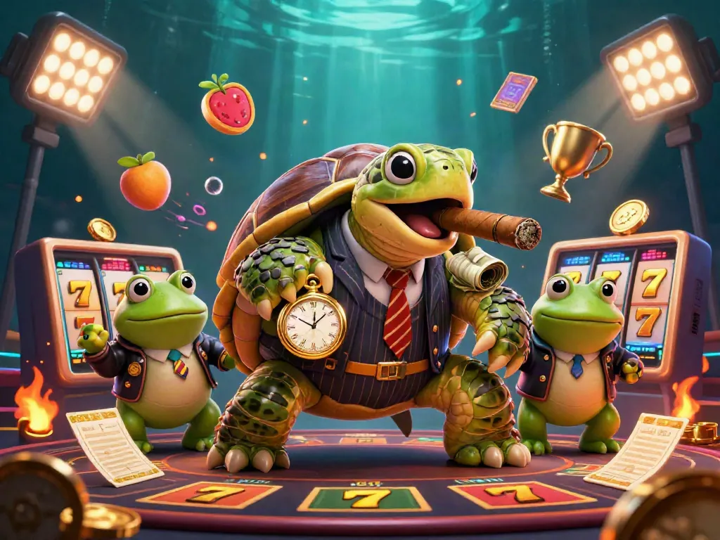 Engaging 3D illustration showcasing OKFUN with a snapping turtle in a gangsta suit, slot game elements around.