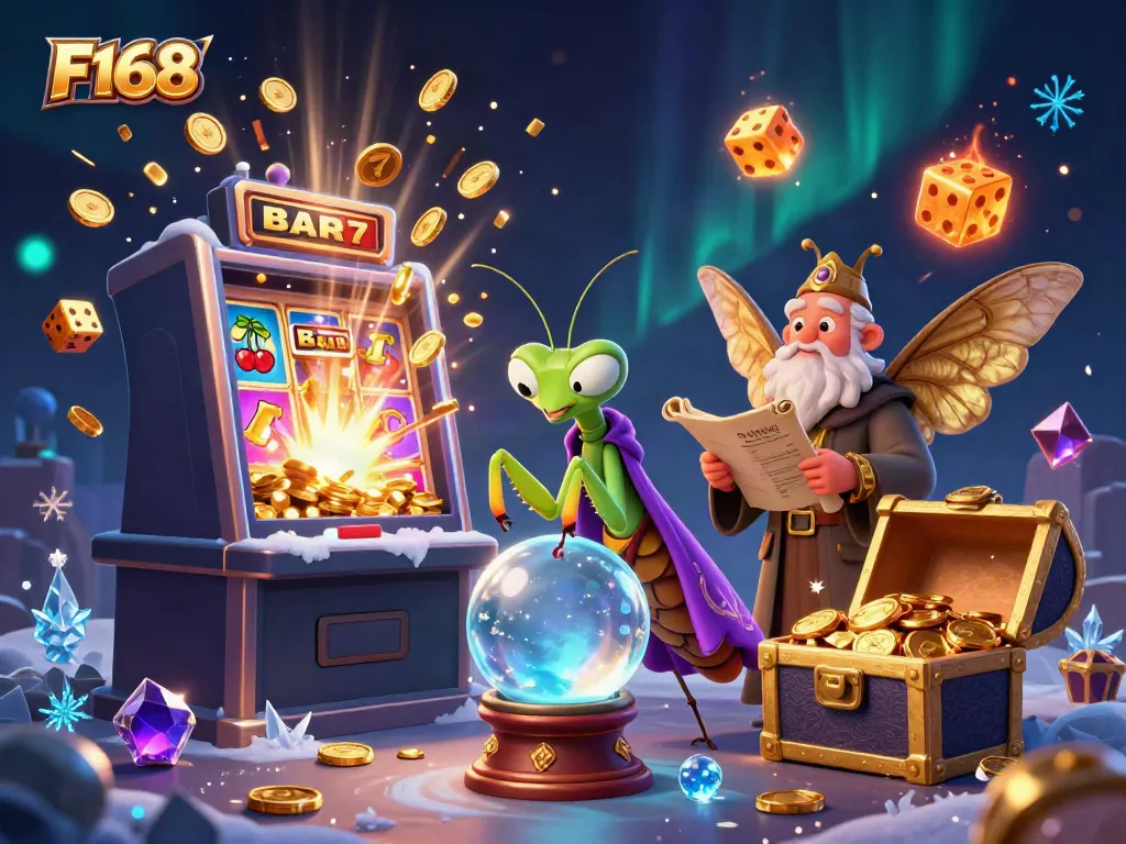 Experience F168's vibrant casino atmosphere with fortune tellers, slot machines, and magical elements.