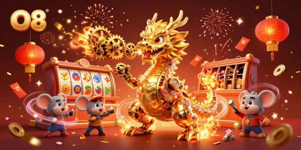 Engage with O8's thrilling 3D casino experience featuring a golden dragon and vibrant slots.