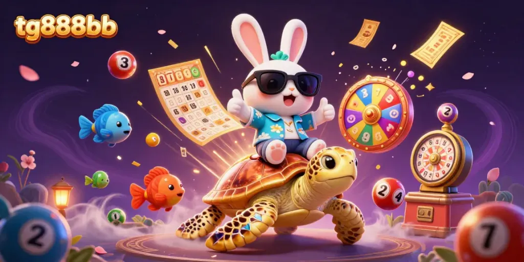 Experience excitement with tg888bb in a vibrant, animated lottery scene featuring a lucky rabbit and a golden turtle.