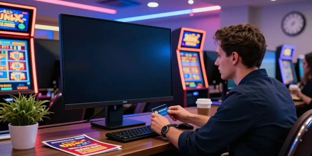 Player using credit card slots for online casino deposits in a vibrant gaming room.