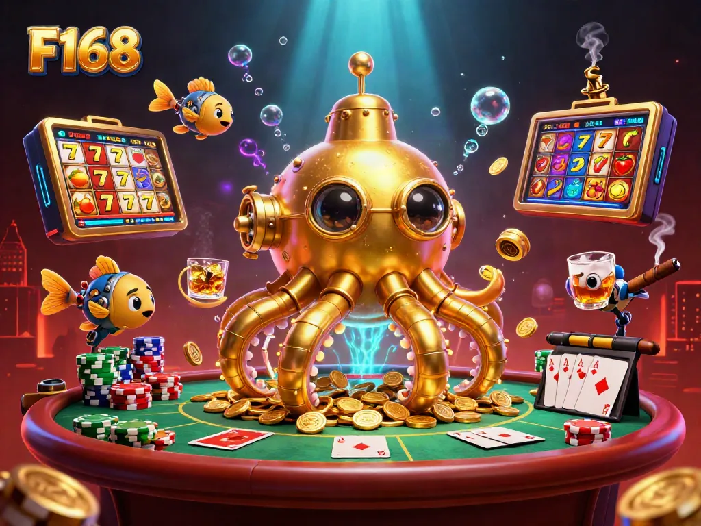 Engage in thrilling F168 slots and poker action with a golden kraken submarine and mechanical fish.