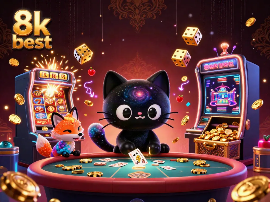 Experience the excitement of 8k best in a vibrant casino scene with a cosmic cat and colorful fox.