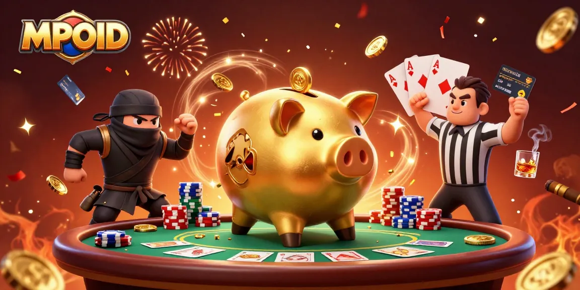 Engaging MPOID casino illustration featuring a lively golden piggy bank sumo wrestler battling a wallet-ninja, illustrating gaming excitement.