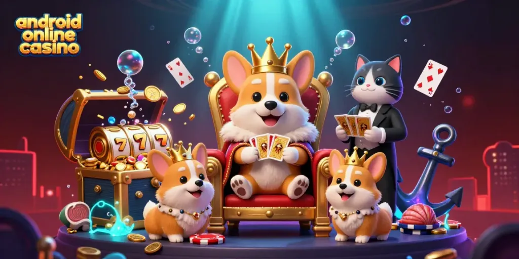 Experience the excitement of android online casino with a 3D illustration featuring royal corgis and play.