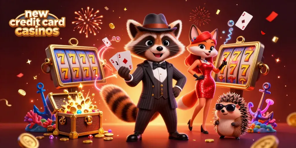 Engage with new credit card casinos and experience thrilling rewards with characters in a colorful scene.