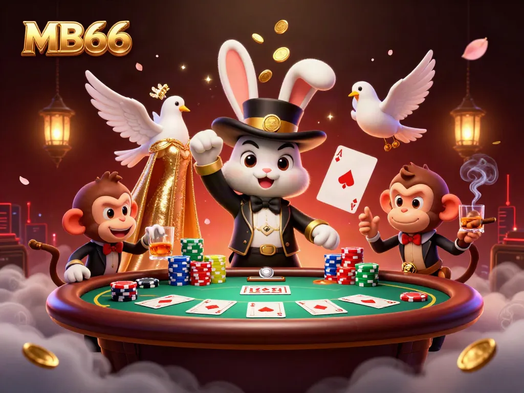 MB66 magician rabbit conjuring golden coins at a vibrant poker table, energizing casino scene