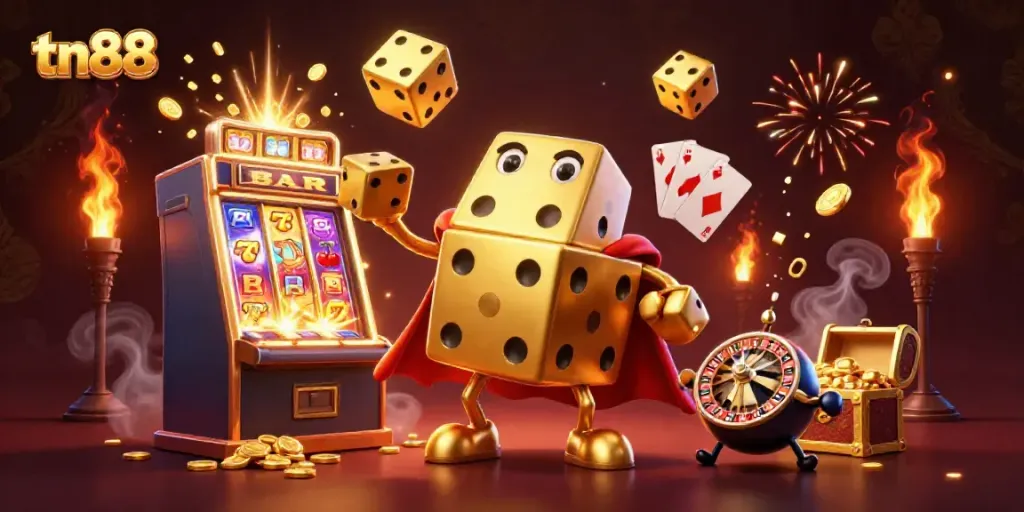 Experience exhilarating games at tn88 with vibrant casino elements, juggled by whimsical characters.