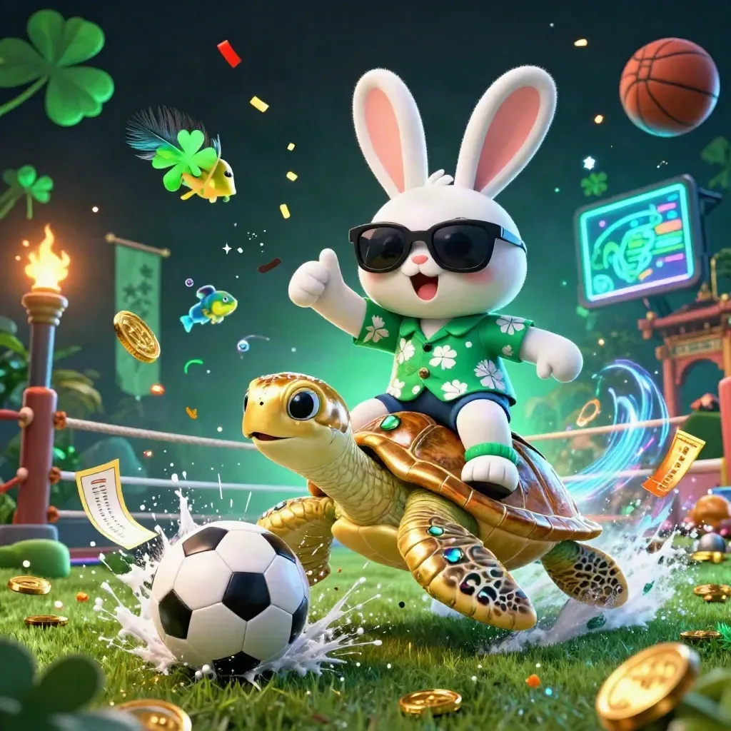 Rabbit on jeweled turtle amid soccer ball, gold coins, neon sparks, and casino chaos.