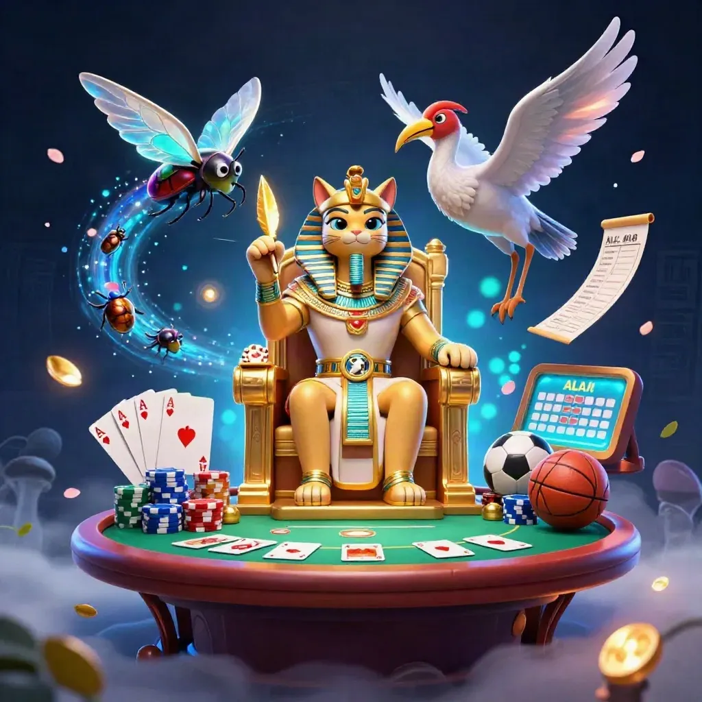 Pharaoh cat on a throne with ibis scribe, scarabs, chips, cards, and neon casino glow.