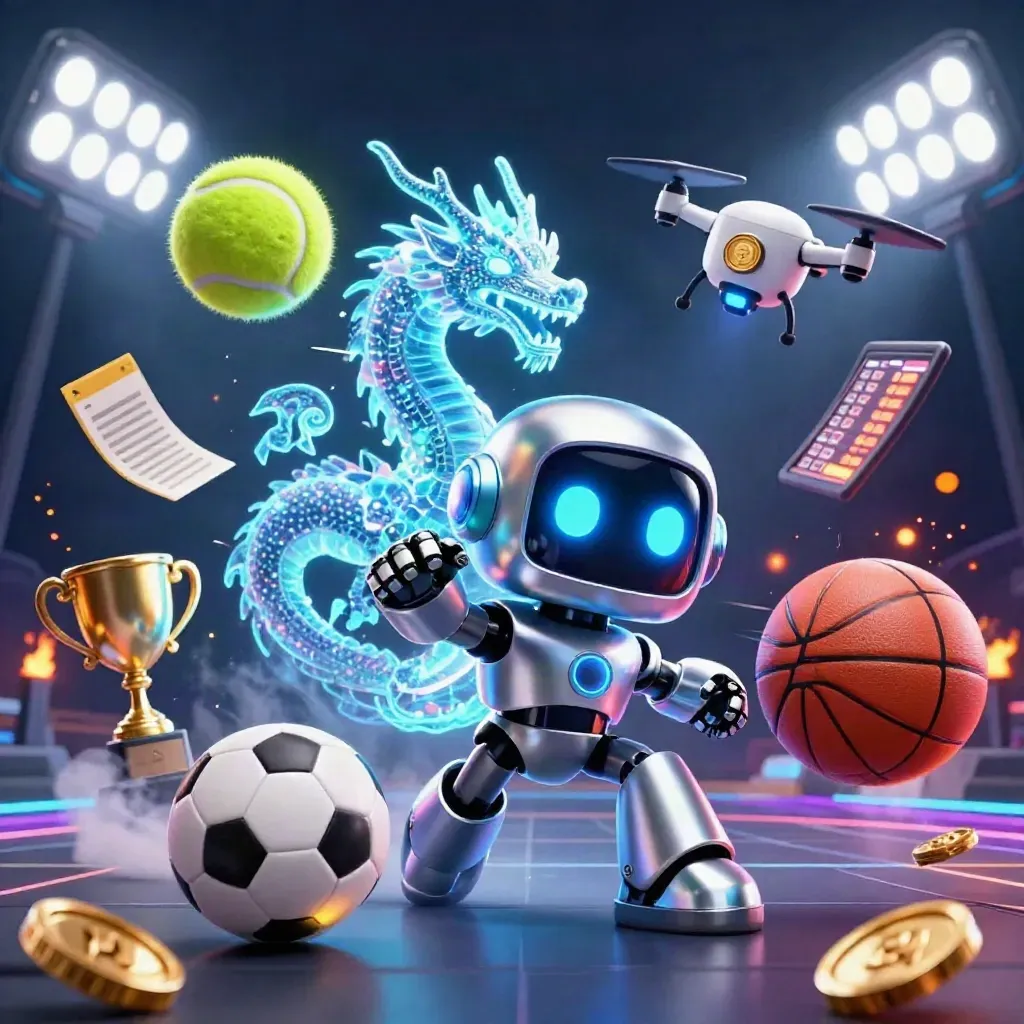 Cyberpunk robot, holographic dragon and drone amid flying balls, coins and stadium lights