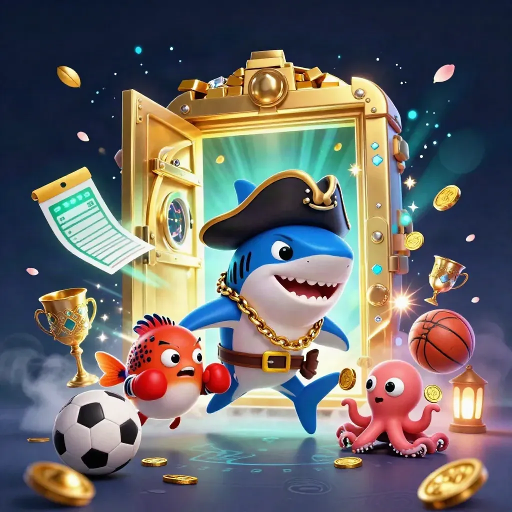 Neon casino key art: shark pirate, pufferfish, octopus, gold vault, soccer ball and basketball.