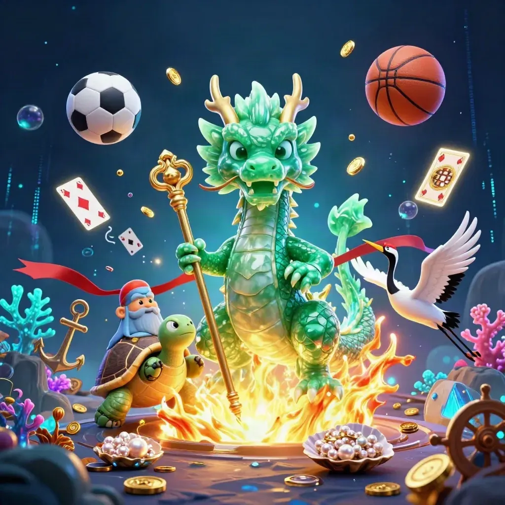 Neon dragon, turtle sage, cranes, coins, coral, balls, and treasure cove chaos.
