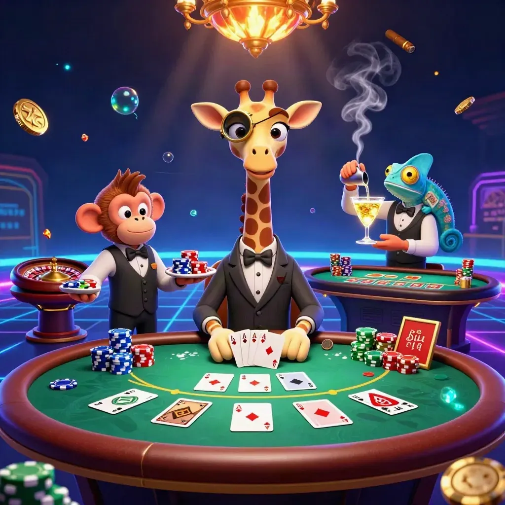 Giraffe, monkey, and chameleon in a neon casino with poker, roulette, and glowing luxury lights.